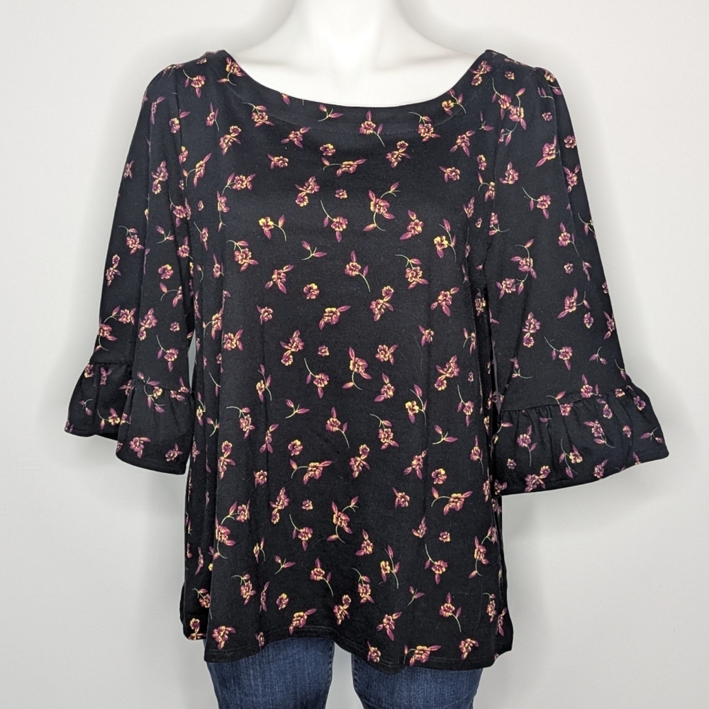 Modcloth Black Purple Yellow Floral Slit Back Cotton Blend Top L